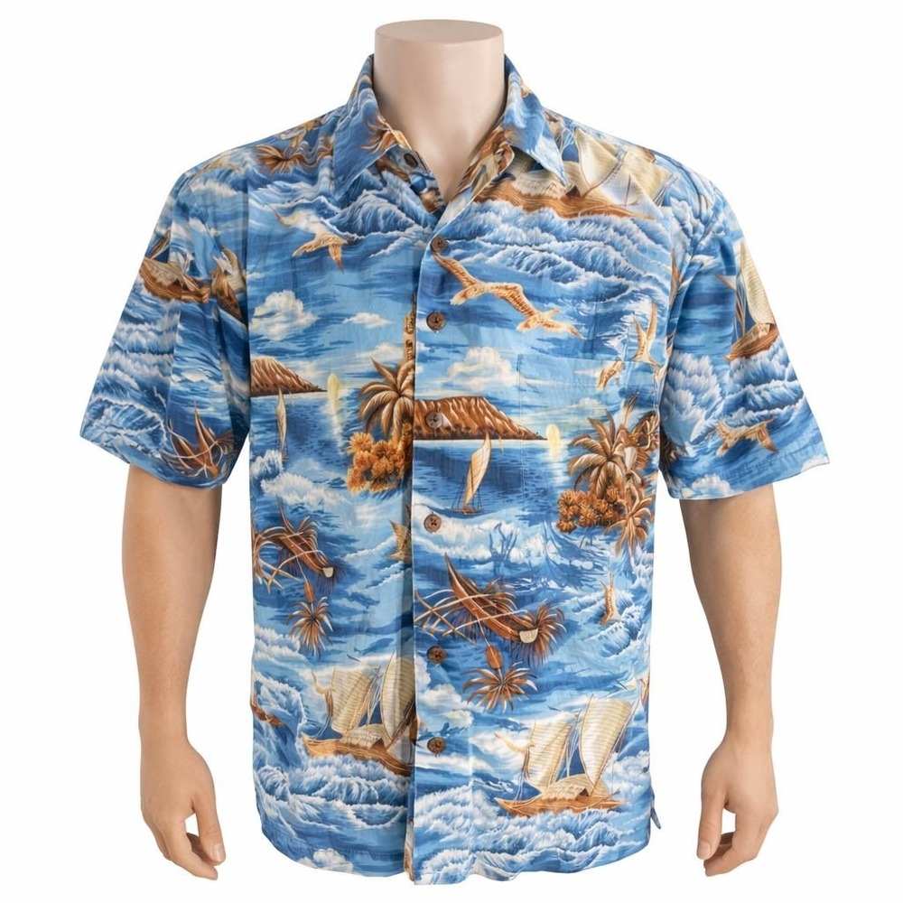 Hilo Hattie Hawaiian‎ Shirt 2XL Outrigger Boats Birds Aloha Tower Waves Blue